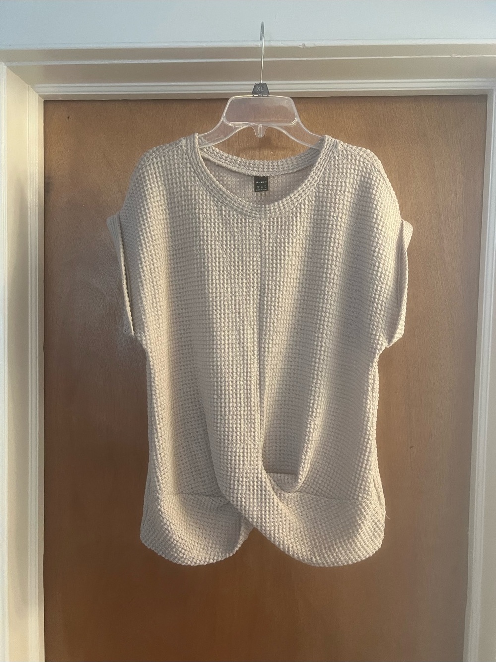 SHEIN Women’s Stone Color Waffle Knit Crewneck Cap Sleeve Twist Hem Top